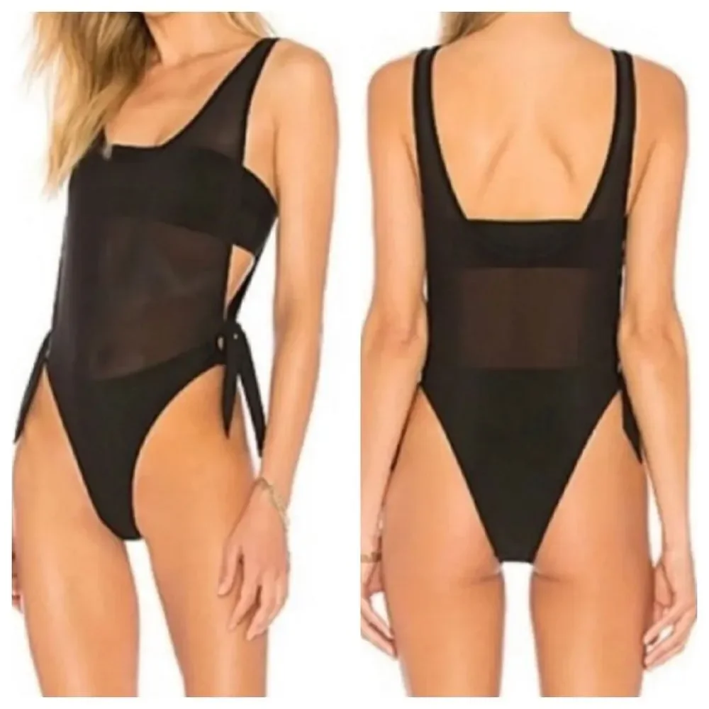 KENDALL & KYLIE SIDE TIE BLACK TWO LAYER MESH ONE PIECE Swimsuit Size Xlarge